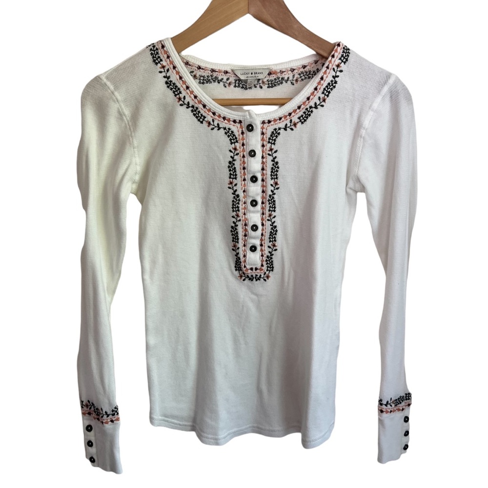 Lucky Brand Embroidered Thermal Henley Top Size Small